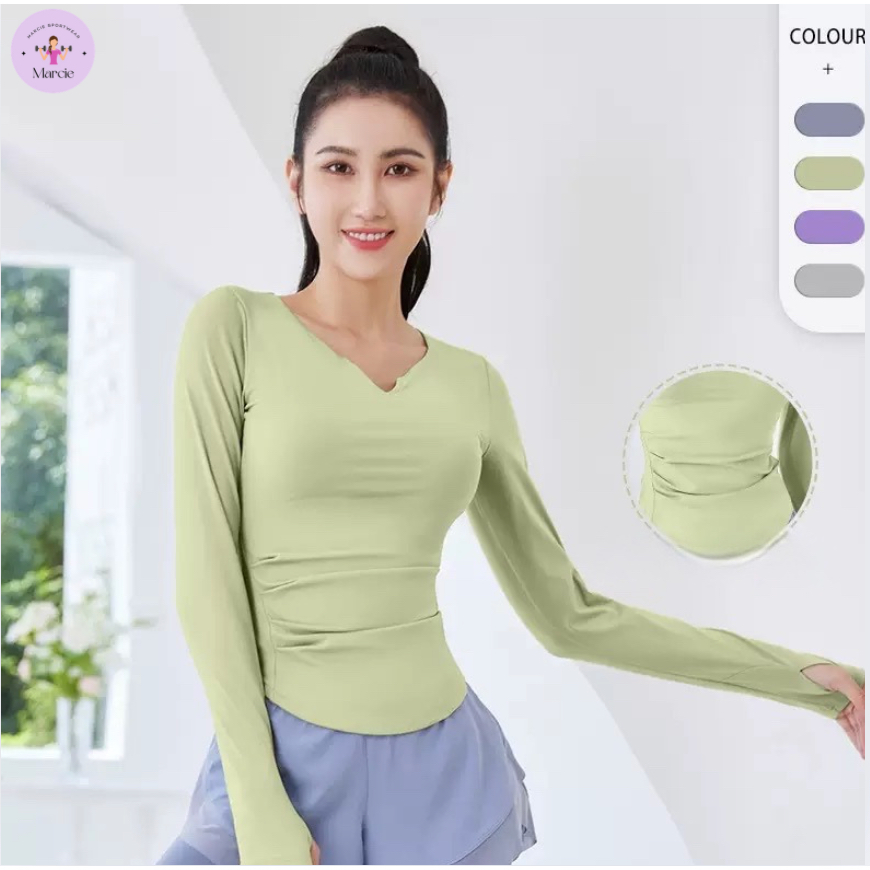 Baju Olahraga Wanita V-Neck Lengan Panjang Atasan Olahraga Wanita Lengan Panjang Baju Gym Lengan Pan
