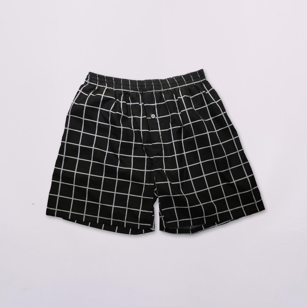 SwBasic - Boxer Pria Wanita Kancing Polos Celana Pendek Motif Kotak Hitam