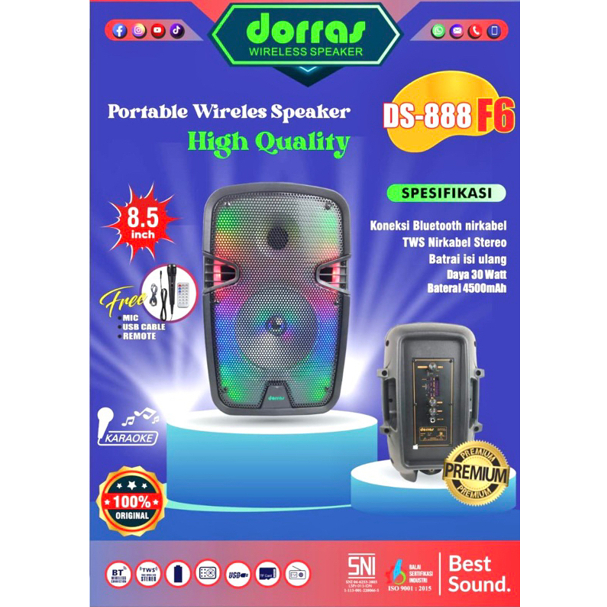 SPEAKER PORTABLE BLUETOOTH KARAOKE DORRAS DS 888 F6 8,5inch DS888 BONUC MIC