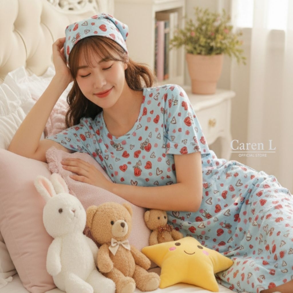 Daster Kaos Korean style | Daster Santai Wanita Cantik Kekinian Mini Heart Light  Blue Best Quality