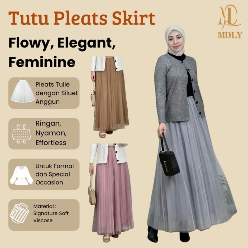 Mdly Tutu Pleats Premium Skirt Rok Wanita Panjang Tulle Terbaru Elegan Pink Putih Hitam Kekinian