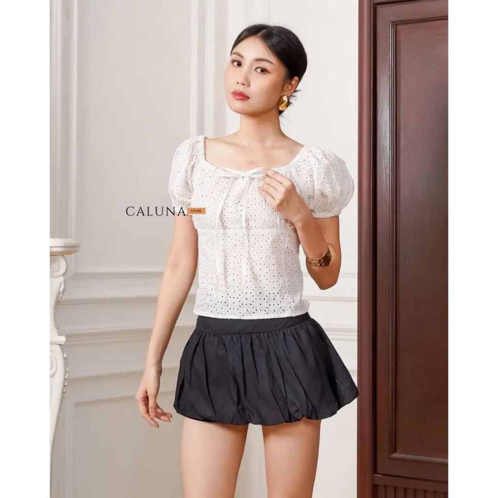 Blouse Crop Brokat Kerah Square Willoe Puff Top Cotton Bolong