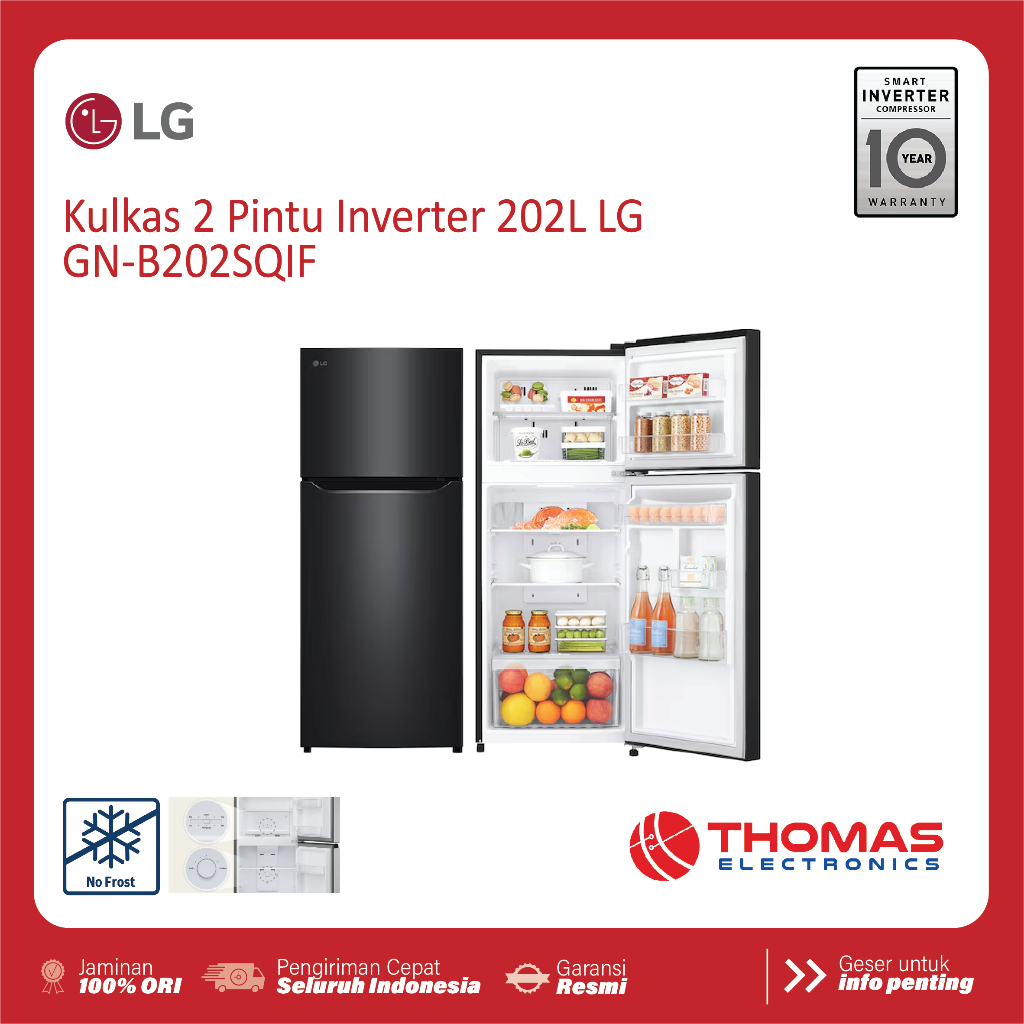 Kulkas 2 Pintu 202 Liter Inverter LG 202 SQIF Multi Air Flow No Frost Garansi Resmi