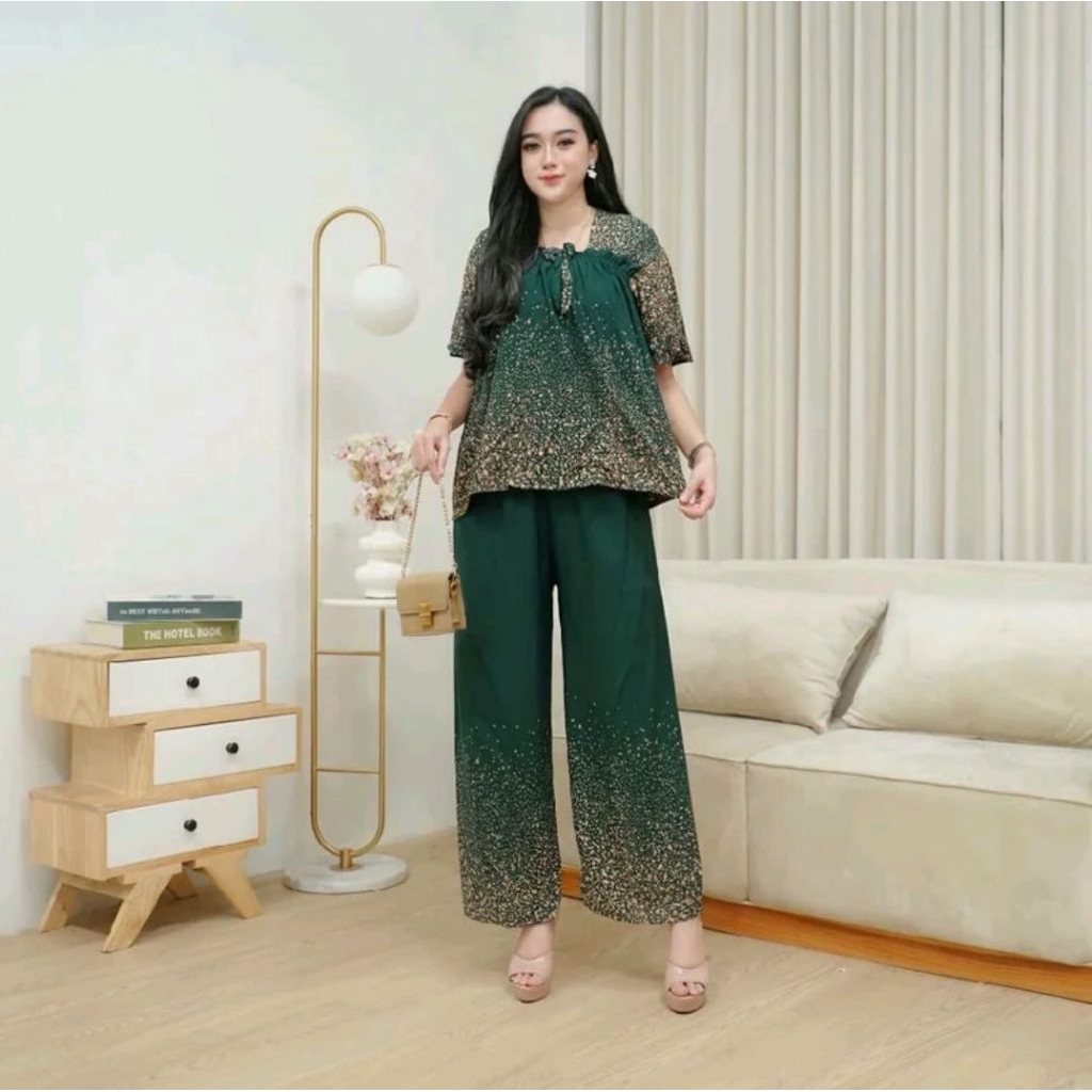 ONE SET RAYON PREMIUM ADEM, SETELAN RUMAH WANITA, CELANA PANJANG MOTIF KEKINIAN
