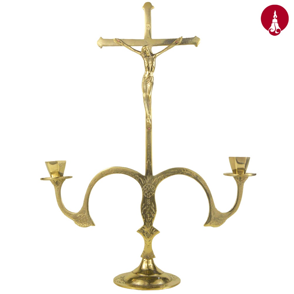 Tatakan Lilin Kandelar Salib Duduk dengan Corpus Patung Tubuh Yesus Kuningan