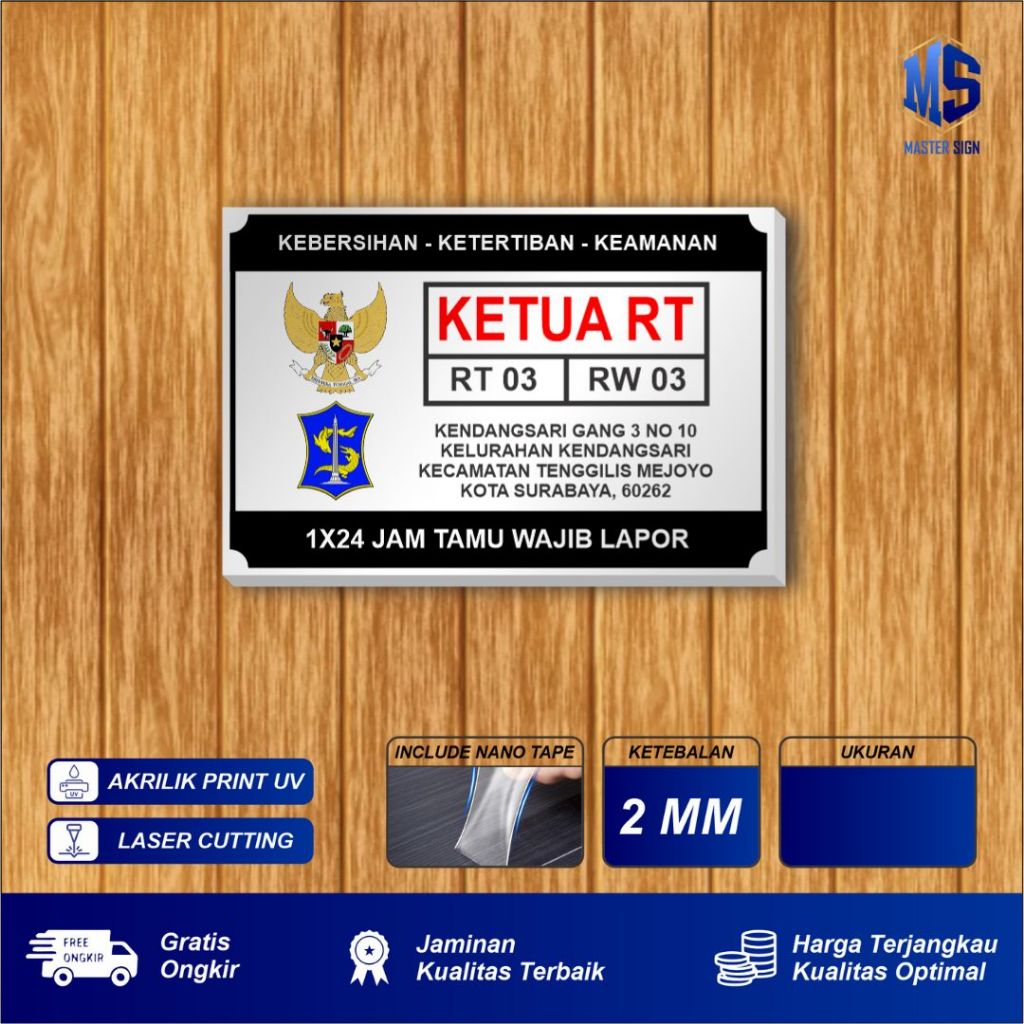 Plang Ketua RT/RW, Plang Kepala Dusun, Papan Ketua RT/RW, Plang Custom Ukuran 40 x 60 cm