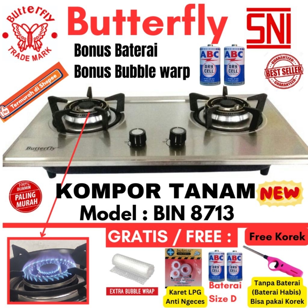 (COD) Kompor Tanam Stainless Premium Butterfly Free Batrai dan Karet Regulator