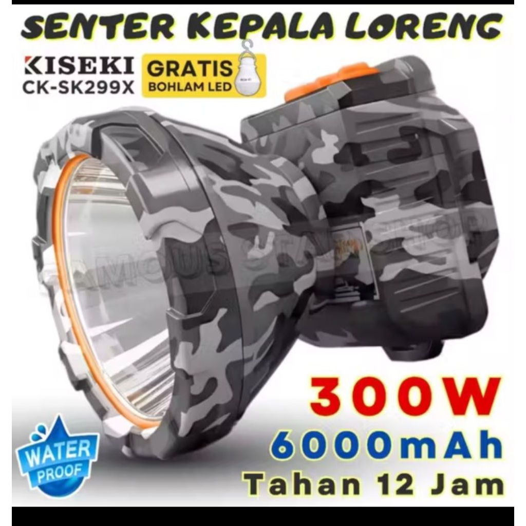Kiseki Senter Kepala CK-SK299X 300Wat Senter Kepala Loreng Super Terang  Cahaya Putih 6000mAh Kapasi