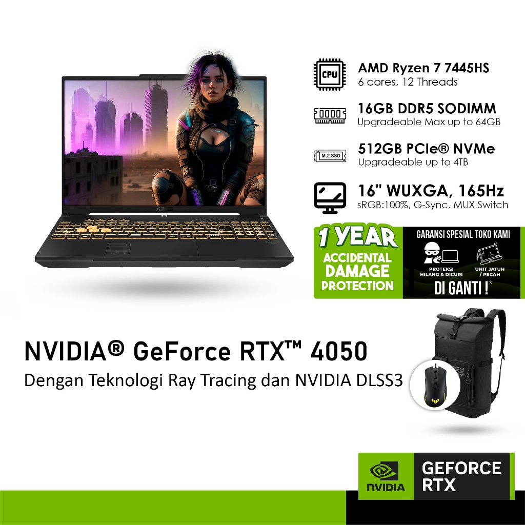 ASUS TUF A16 FA607NUG GeForce RTX™ 4050 6GB - RYZEN 7 7445HS 16GB 512GB WINDOWS 11 15.6 INCH FHD+ IP
