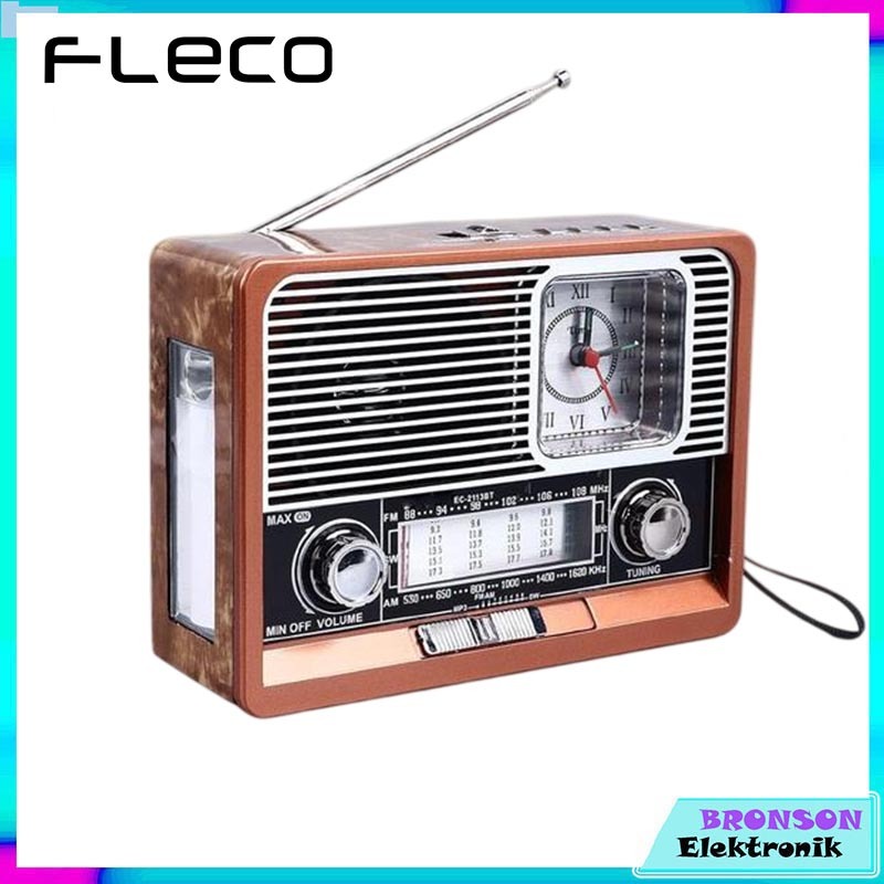 Radio Bluetooth Speaker Senter LED FLECO F-105 Jam Analog FM - Radio antik jadul