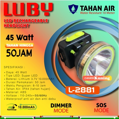 Senter Kepala LED Luby 45 Watt L-2881K Headlamp Cahaya Kuning Charger Original