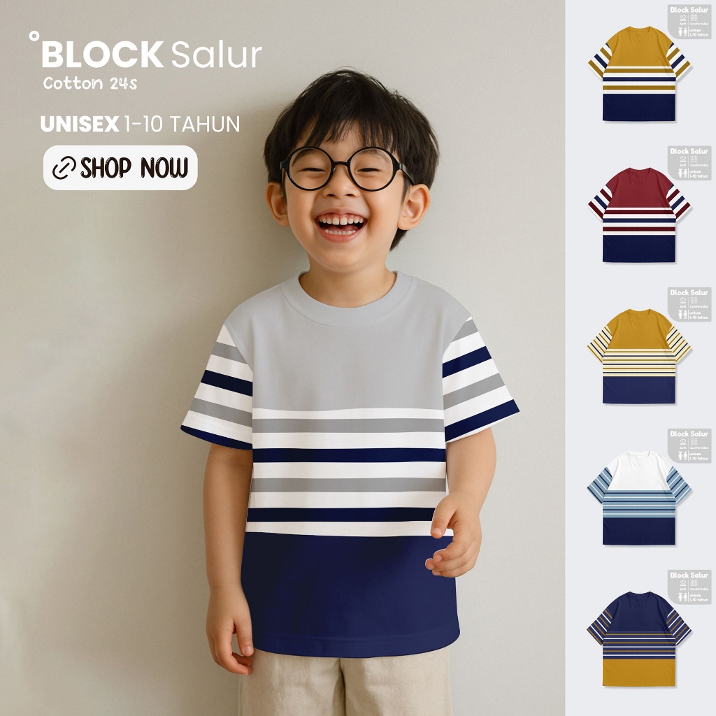 Baju Kaos 3 Warna Kombinasi Colorblok Salur Usia 1-10 Tahun