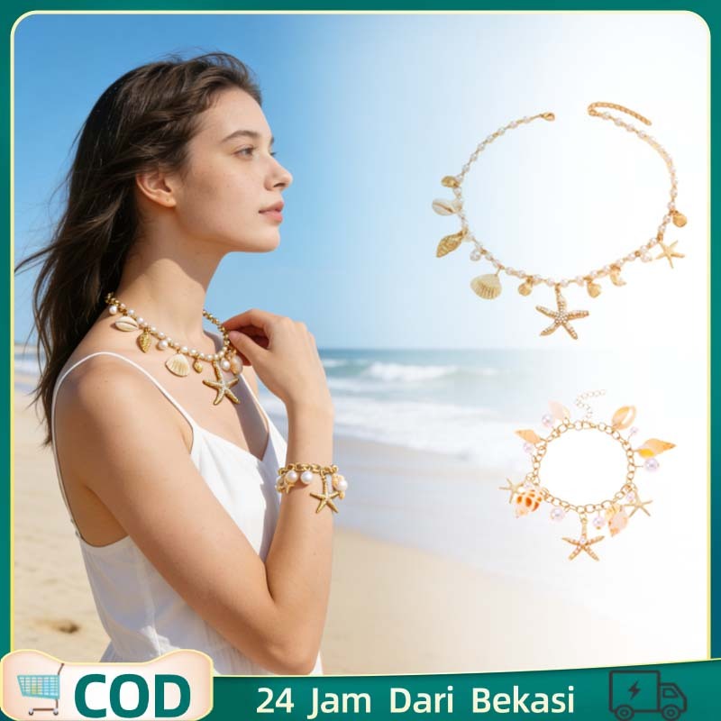 2pcs/1set Kalung Kerang Aksesoris Bintang Laut Kalung Kerang Laut Gelang Motif Laut Laut Gaya Laut R