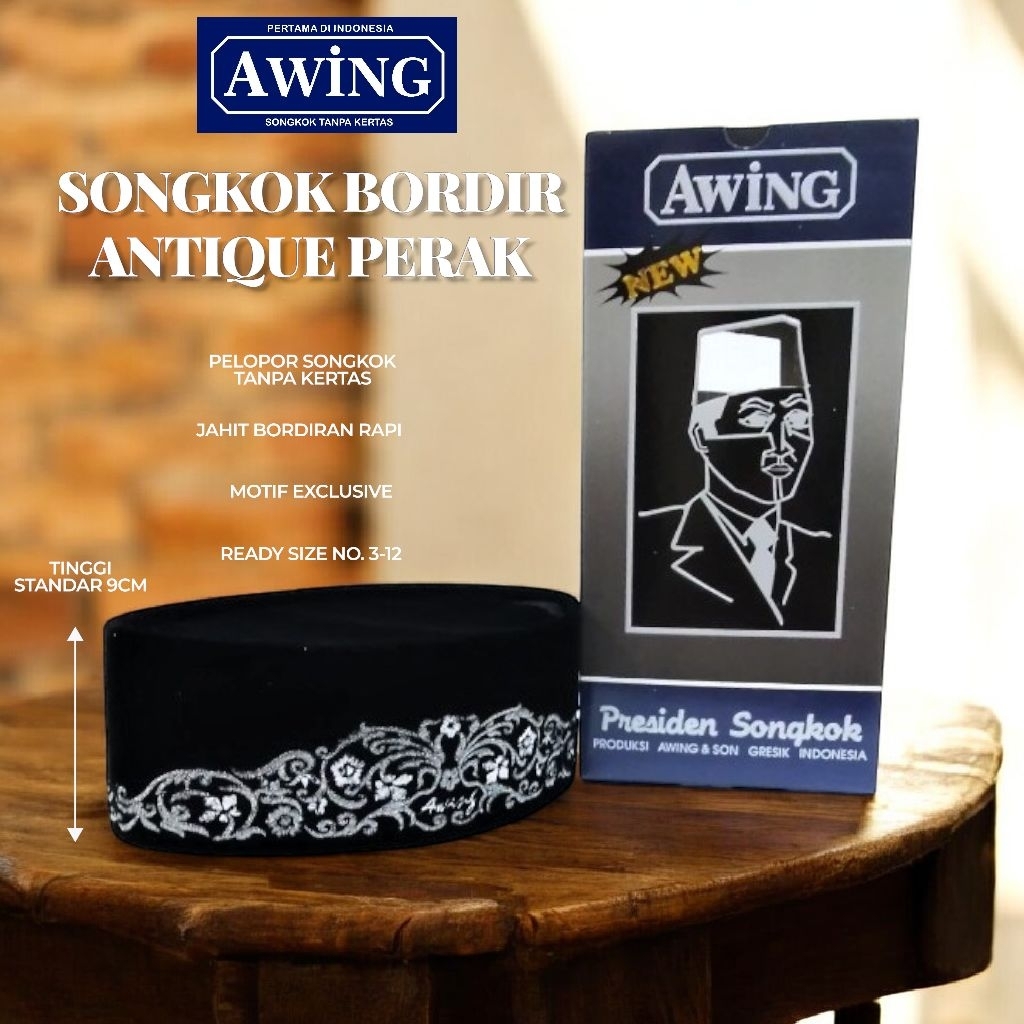 Peci Awing / Songkok Awing / Kopiah Awing Bordir Antique Perak