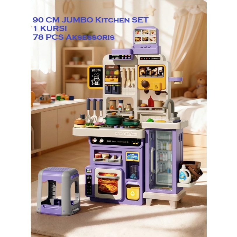 JUMBO 90 CM Mainan Kitchen Set Jumbo Masak Dengan Wastafel Bisa Cuci Piring Masak ada Embun Uap suda