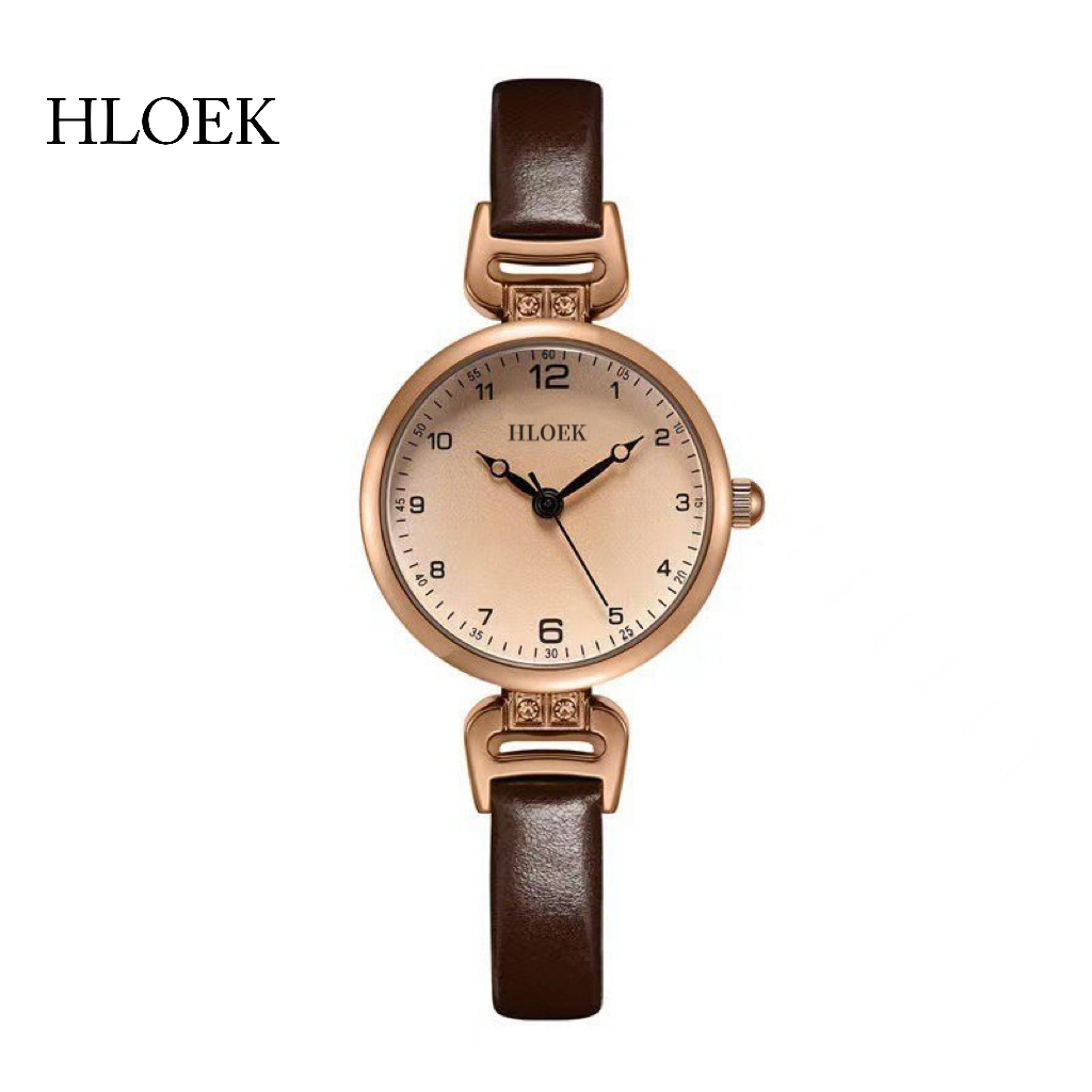 HLOEK 5266 Jam Tangan Wanita Temperamen Dial Kecil Sabuk Coklat Jam Tangan Wanita Kuarsa Digital