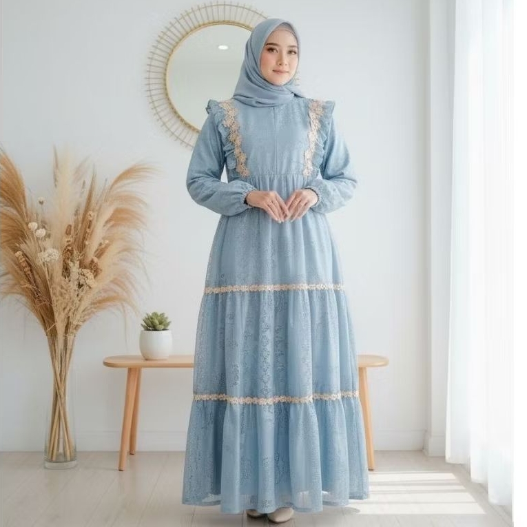 Gamis Renda Brokat Malika lembut premium model susun Busui standar dan jumbo Liliarda