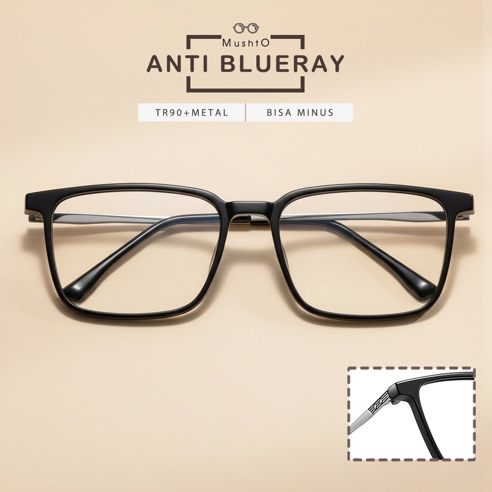 Mushto Kacamata Antiradisi Blueray Bentuk Kotak Bahan TR90+Metal Unisex Bisa Untuk Pria Wanita Dan B