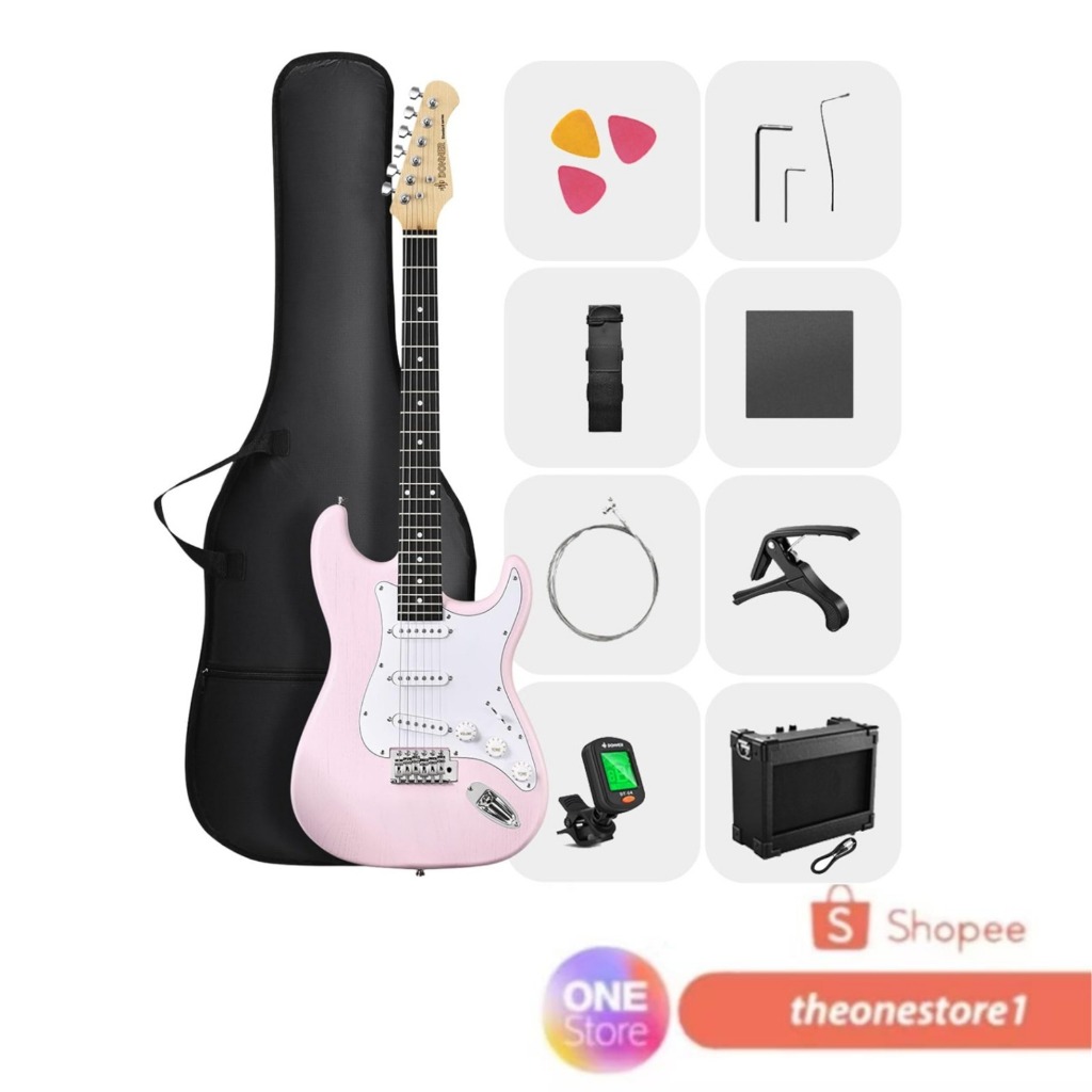 Donner DST-80 Shell Pink Electric Guitar with Amplifier, Strap, String, Tuner, Cable, Capo, and Pick