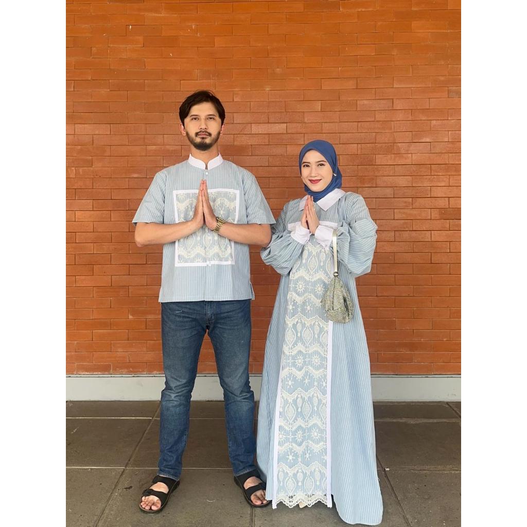 Sijii Zifa Set Couple Stripe Lace Bordir Gamis Dress + Koko Lebaran 2026