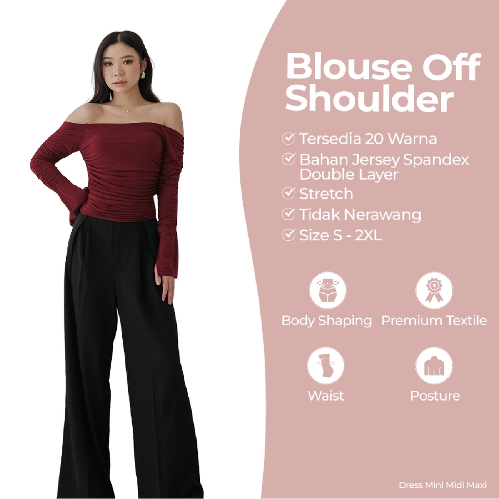 DRESS MINI MIDI MAXI Haeun | Blouse Off Shoulder Wanita Lengan Panjang - Baju Hitam Elegan Ruched Bo