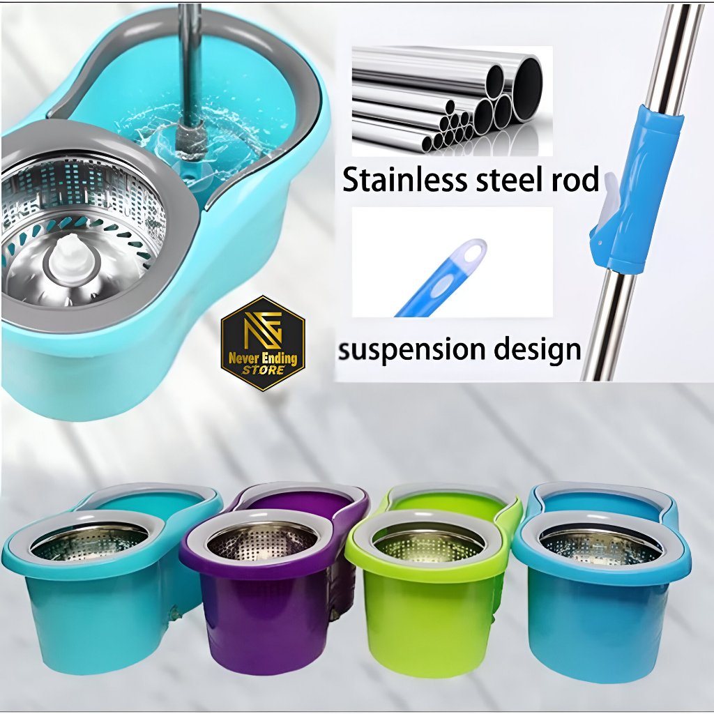 Alat Pel Lantai Ganggang + Ember Stainless Putar Spin Mop Super Magic Ukuran Besar Peras Otomatis