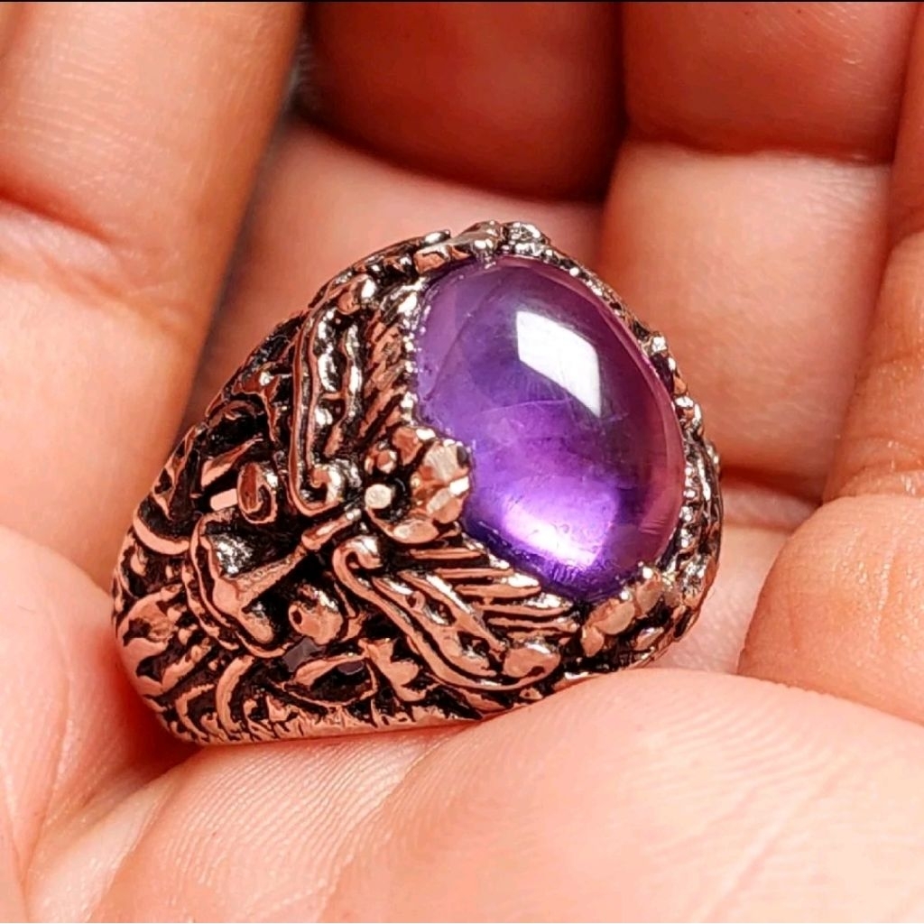 Cincin batu kecubung kalimantan 14mm natural alam / kecubung ungu amethyst cincin pria wanita