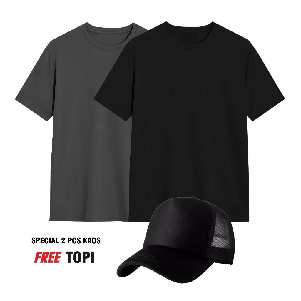 Bundling 2 Pcs + Topi (COD) Kaos Polos Hitam-Abu tua Kaos Distro Pria-Wanita Terbaru Premium Quality