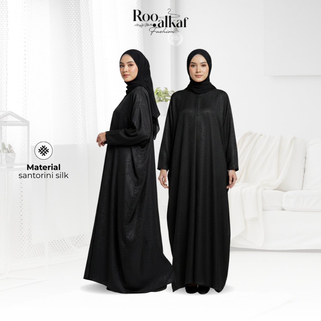 Abaya Kaftan Batwing Hitam Polos Santorini Silk Ukuran Jumbo Simple Elegan