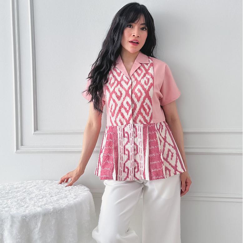 Atasan Tenun Wanita Kemeja Wanita Tenun Troso Jepara Kombinasi Katun Twill Pink Potongan Peplum Leng
