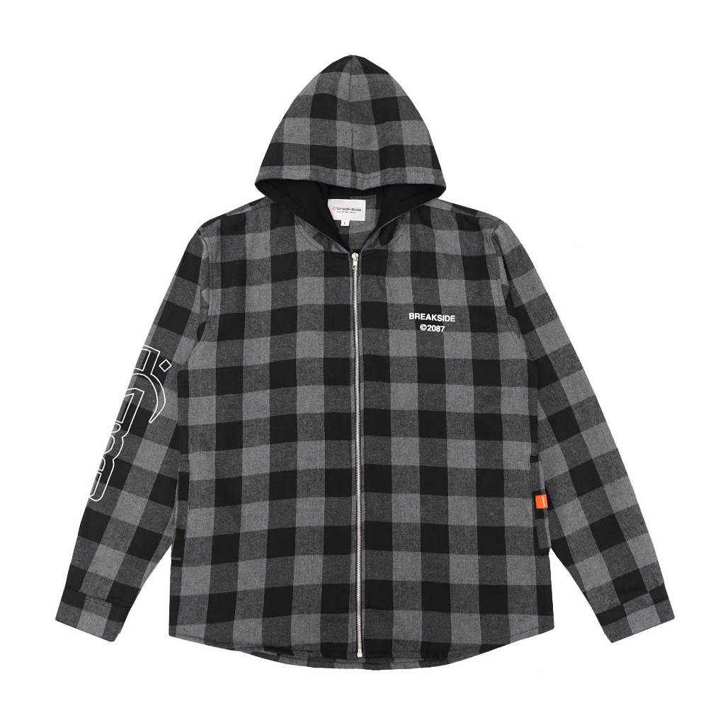 Breakside Flannel Hoodie Sturdy - Black Grey Outer Jacket Flanel  Zip Hoodie