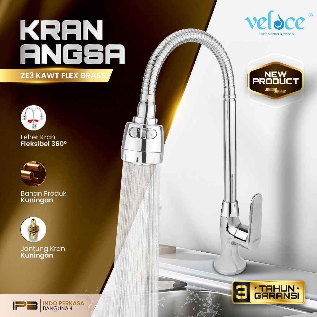 VELOCE Kran Angsa Flexible 3071 | Kran Dapur Leher Lentur Air Deras Lapis Chrome Jantung Kuningan