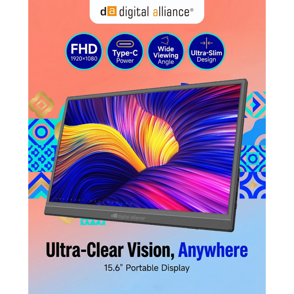 Portable Monitor Digital Alliance PM1560 - 15,6" FHD Type-C - Monitor DA Portable PM1560 15,6"