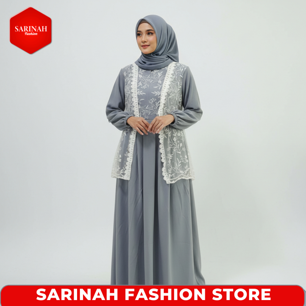 Gamis Wanita Muslimah Model Rompi Renda Lengan Serut Motif Abstrak