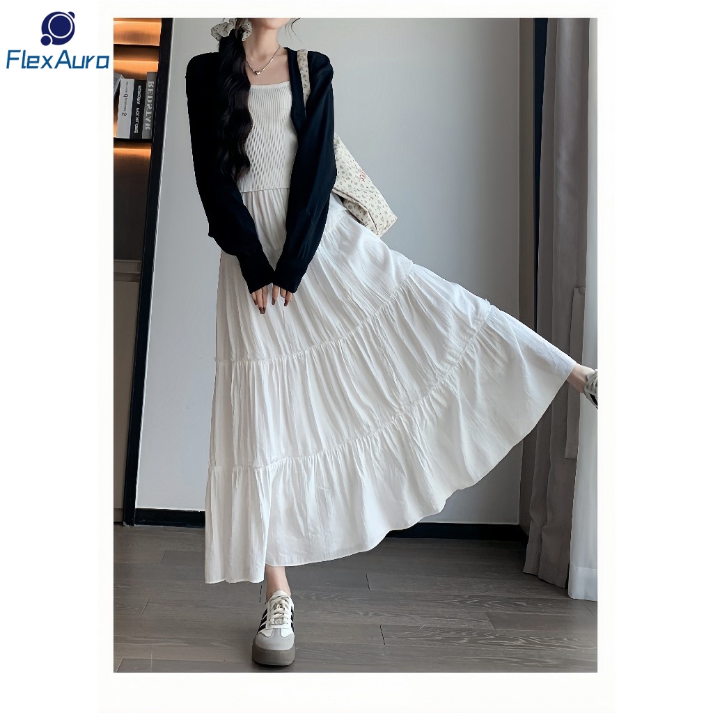 FLEXAURA Rok Panjang Wanita Putih 2026 – Model A-Line, Rok Gantung, Gaya Korea, Rok Layer Cake, Coco