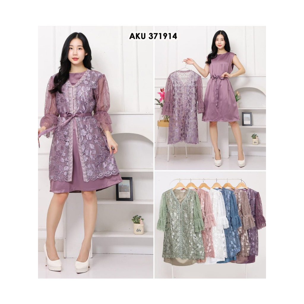 Dress Kondangan Mewah Brokat Tile 2in1 Set Outer Inner Satin | Gamis Pendek Pesta Modern MZ 371914