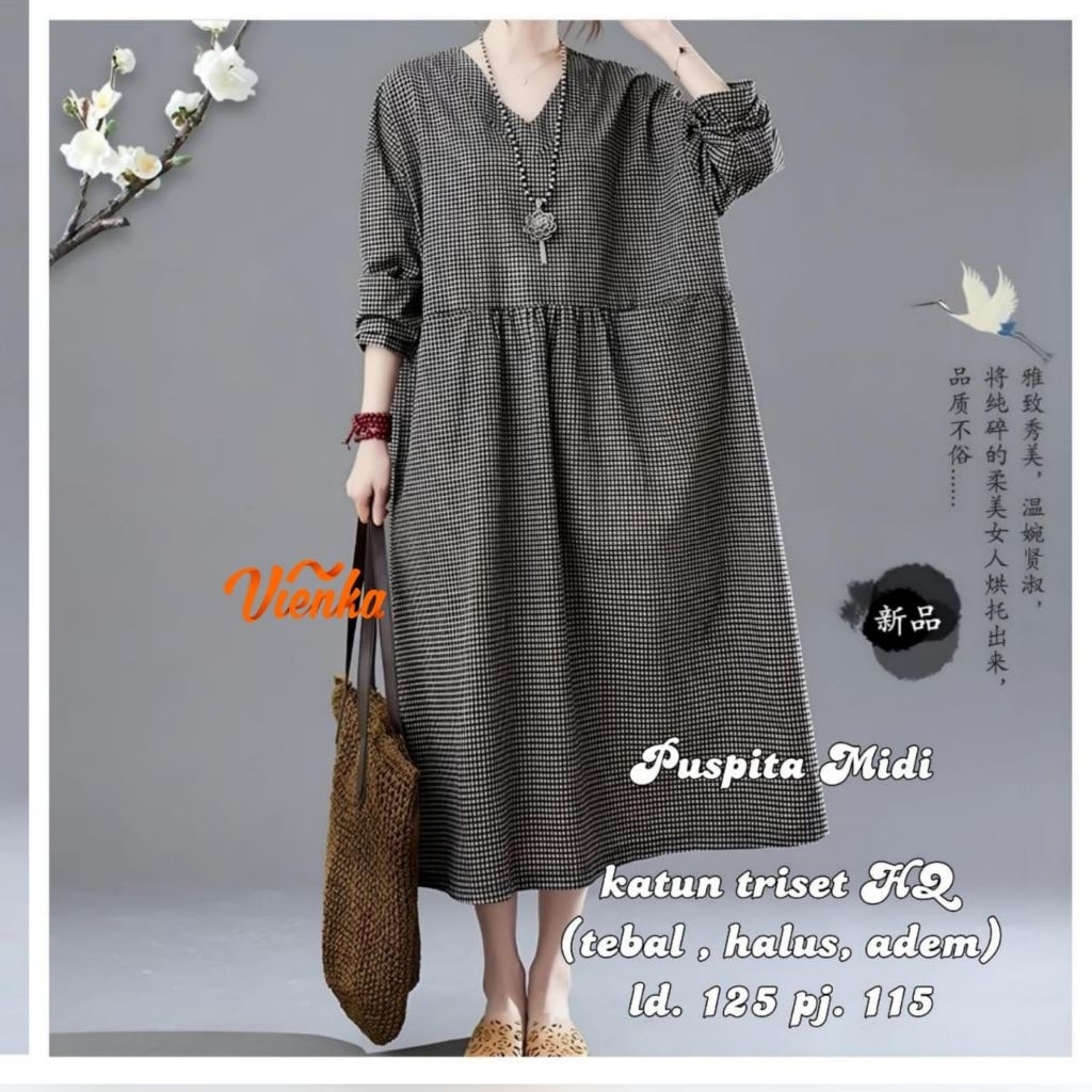 BAJU WANITA PUSPITA MIDI DRESS JUMBO KATUN KOTAK-KOTAK BY VIENKA