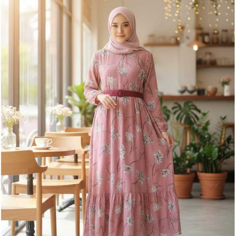 Gamis Wanita Motif Bunga Premium | Dress Muslimah Panjang Lengan Panjang + Belt | Elegan & Nyaman