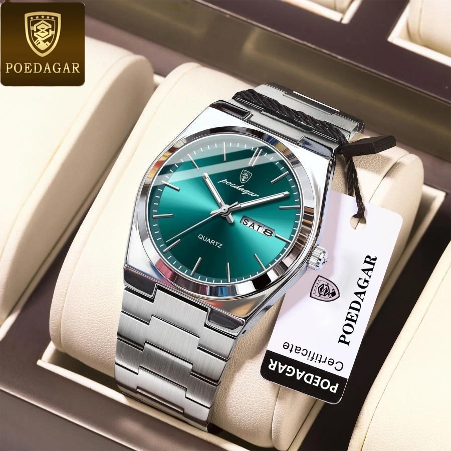 POEDAGAR Jam Tangan Pria Original Kuarsa Mewah Sport Tahan Air Bercahaya Tanggal Minggu Stainless St