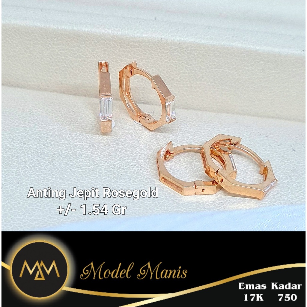 Model Manis Gold - Anting Jepit Baguette Persegi Rosegold - Emas 17k  750