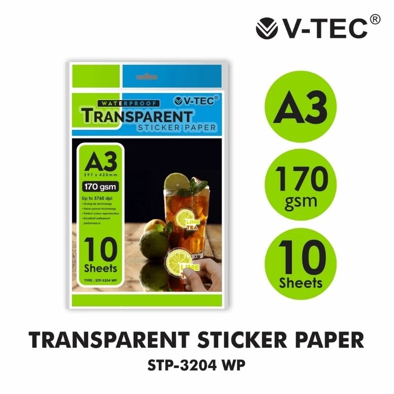 V-TEC Transparent Sticker Paper A3 170 gsm STP-3204 WP - Kertas Stiker Transparan Bening Waterproof