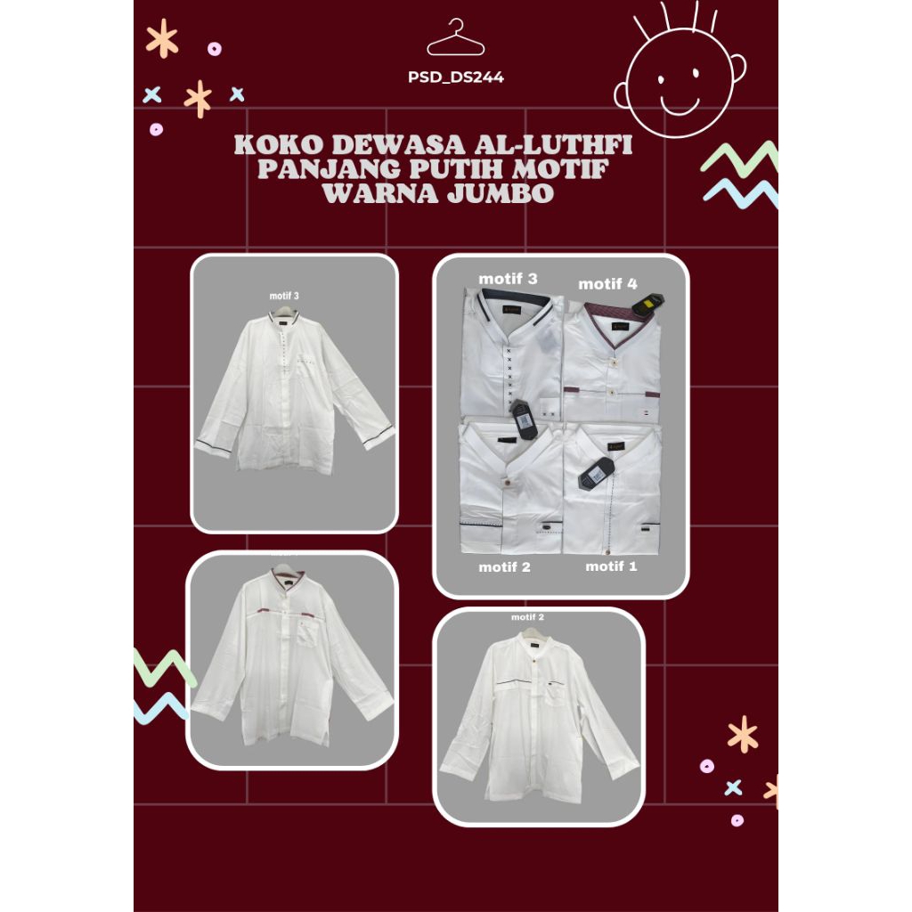 BAJU ATASAN KOKO DEWASA AL-LUTHFI PANJANG PUTIH MOTIF WARNA JUMBO