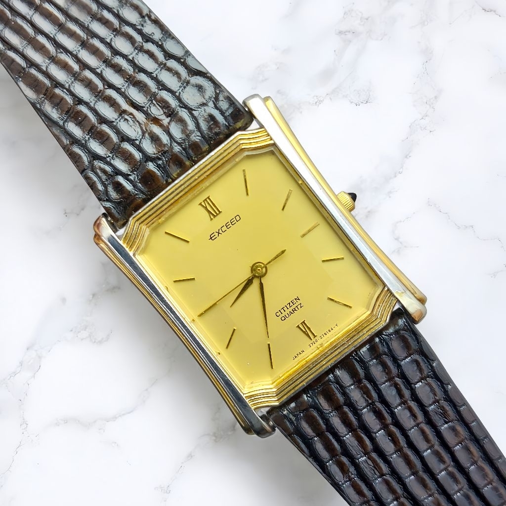 Jam Tangan Vintage Citizen Exceed Tank Gold Dial Quartz 2730 Rare Original