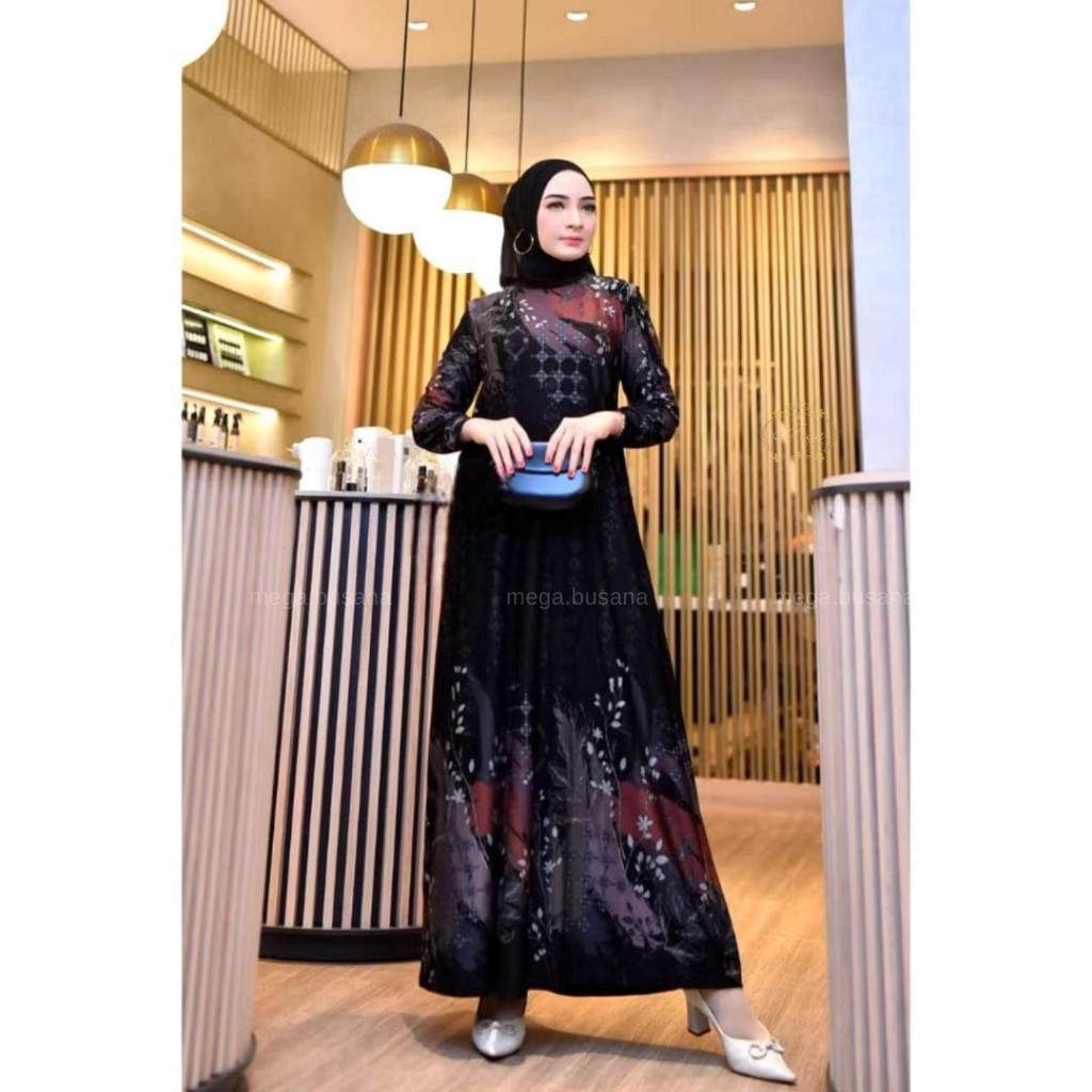 Risma Dress Gretha Jumbo Maxy Baju Gamis Lengan Panjang Bahan Calvin Jeans Motif Printing Batik Bung