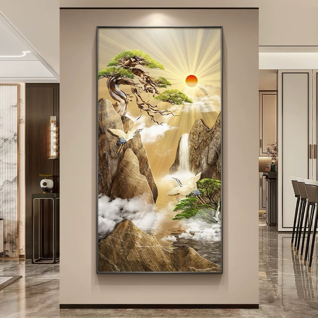 KOKOPAINTING Lukisan Porcelain Diamond 5D Kristal LED Motif Pemandangan Gunung Air Terjun Cina / Luk