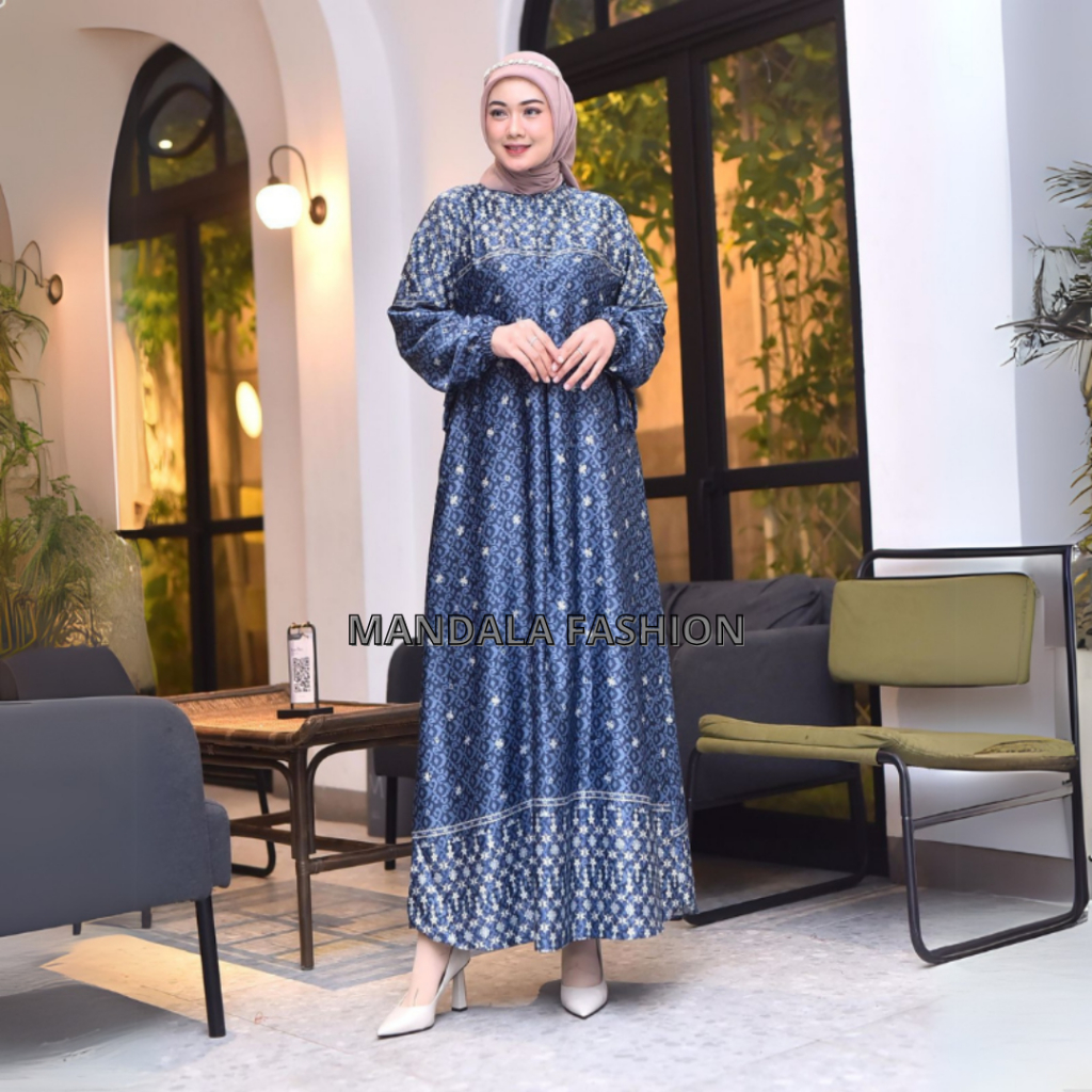 Baju Gamis Silk Premium Motif Printing Bunsui Jumbo Terbaru Gamis Butik Mewah Kekinian Grade A {COD}