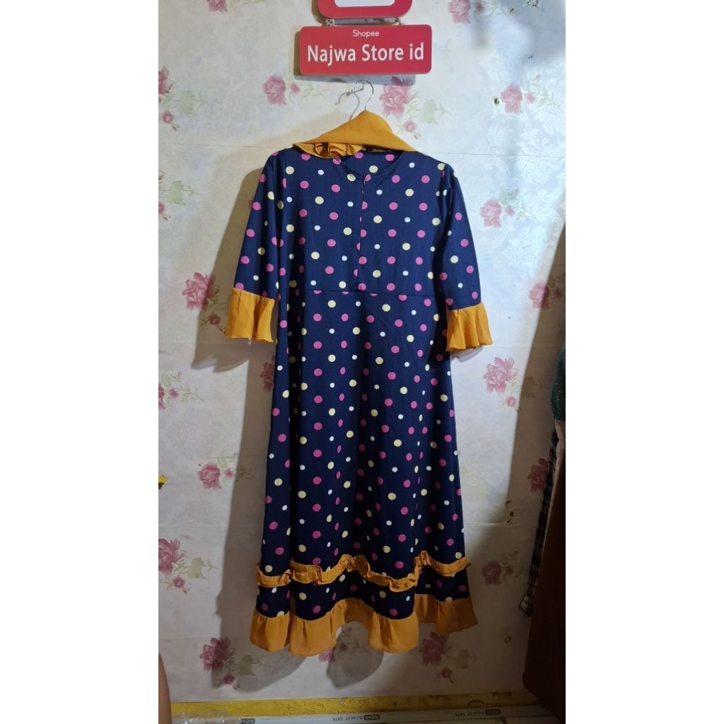 Gamis syari anak remaja set jilbab motif polka mewah