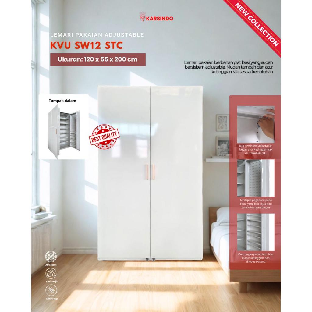 Karsindo Lemari Pakaian 2 Pintu Plat Besi Putih Rak Baju dan Gantungan Adjustable Tahan Lama SW12STC
