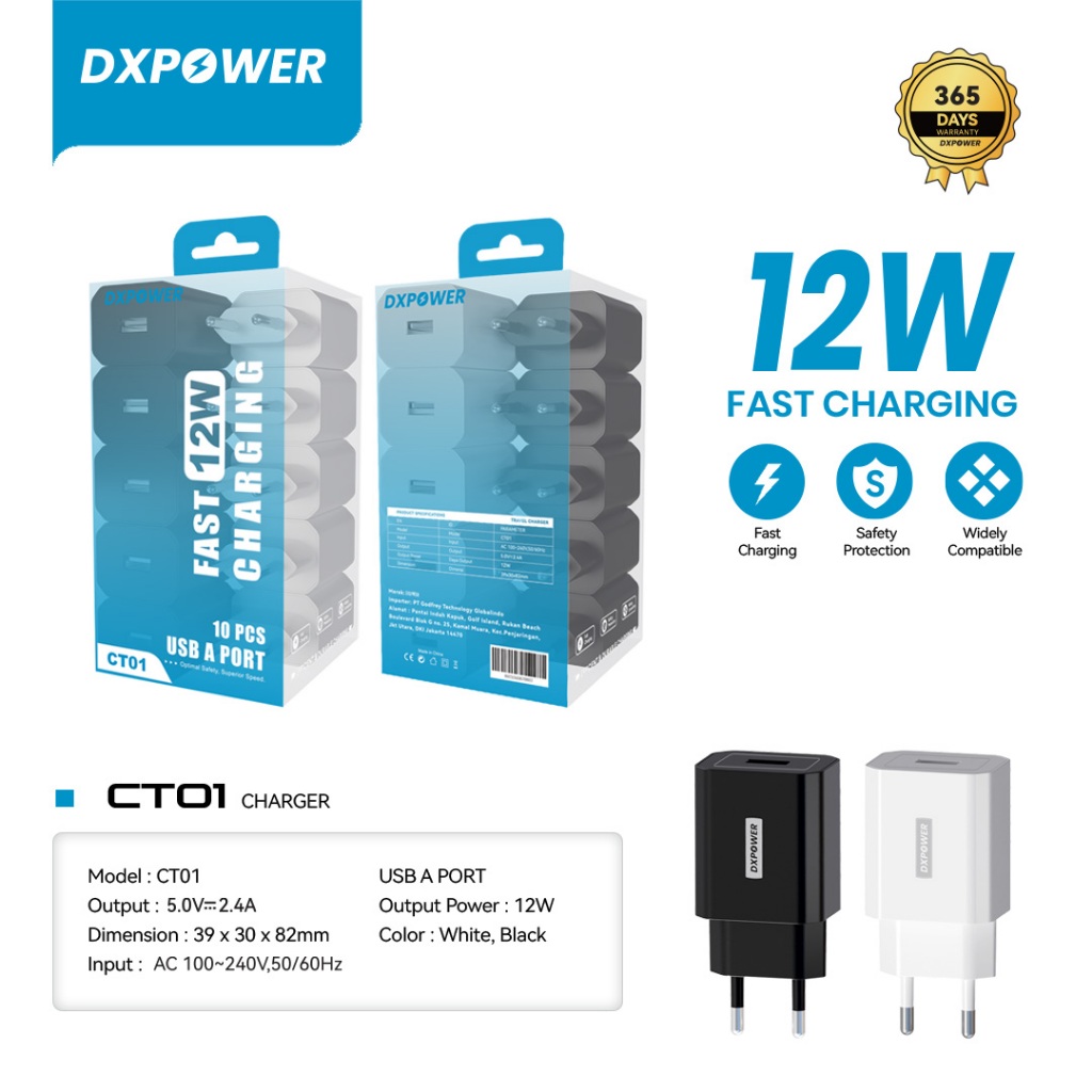 DXPOWER CT01 TRAVEL CHARGER 10PCS 1 USB 2.4A ORIGINAL Hitam Putih Input AC 100-240V Output 5V 2.4A M
