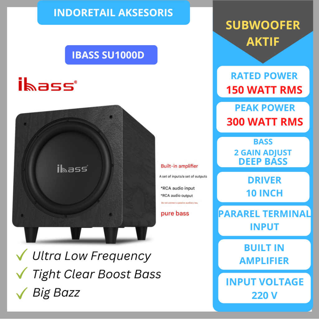 iBASS SUBWOOFER ACTIVE 10 INCH 150 WATTS RMS PEAK 300 WATTS LINE OUT IN DEEP BASS BAZOOKA BAZOKA EMP